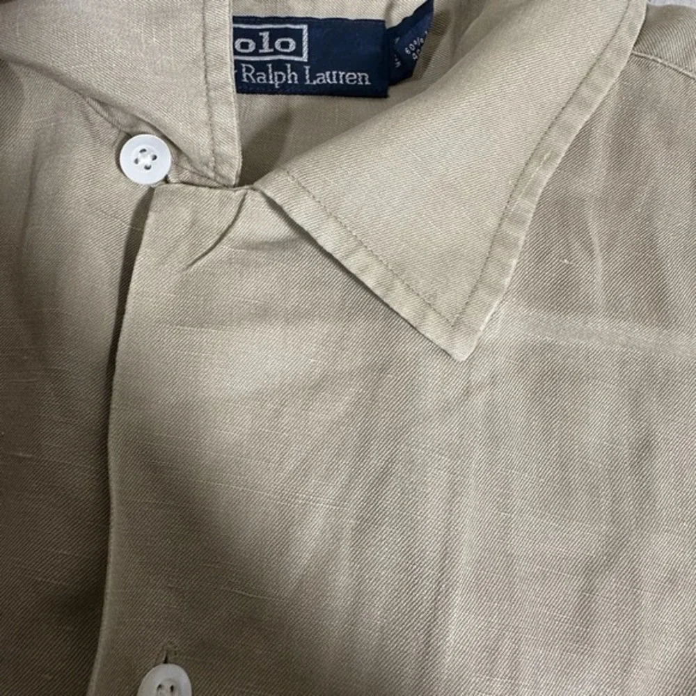 VTG Polo Ralph Lauren‎ Shirt Mens Large Silk Linen Caldwell Loop Camp Collar Tan